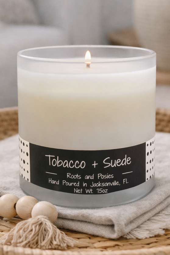 Tobacco + Suede Soy Candle for Warm + Cozy Evenings